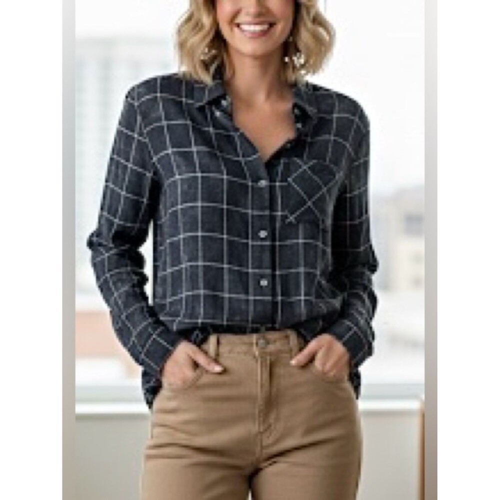 NWT Hem & Thread Washed Charcoal with Tan Checkered Button Down Shirt